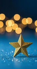 golden stars on dark background, Golden star award sits on dark blue surface, sparkling with bokeh lights, confetti. Represents first place victory in computer games, top performance, employee achieve