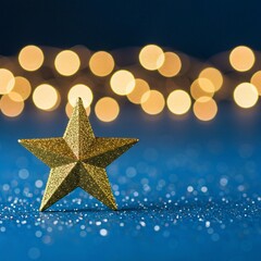 golden christmas background with stars, Golden star award sits on dark blue surface, sparkling with bokeh lights, confetti. Represents first place victory in computer games, top performance, employee 