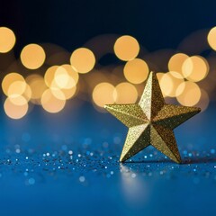 christmas background with golden stars, Golden star award sits on dark blue surface, sparkling with bokeh lights, confetti. Represents first place victory in computer games, top performance, employee 