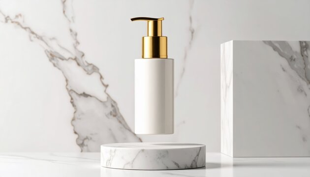 Floating white bottle with golden pump on marble platform, minimalist beauty product