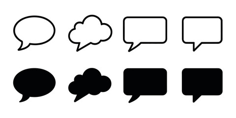 Black and White Speech Bubble Icon Set. Chat, Message, and Conversation Balloons in Outline and Solid Styles for Communication, Social Media, and Dialogue Design