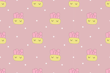Cute cartoon pink cactus in  yellow pot and  white  pea. Seamless pattern. Kawaii. For backgrounds, packaging, textiles, wallpapers and websites. Flat cartoon design.