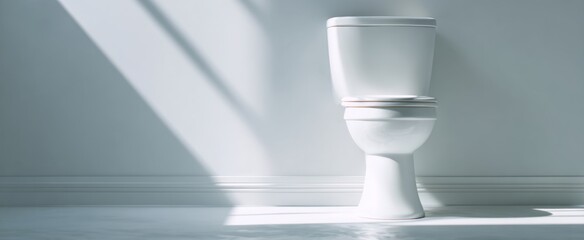 A minimalist bathroom scene features a white toilet bathed in bright sunlight, creating a clean and serene atmosphere within a modern interior space.