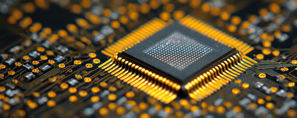 Close-up view of a complex computer chip with intricate circuits and connections on a microprocessor board