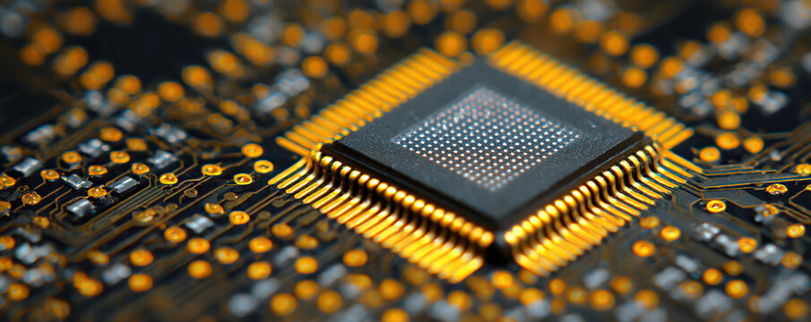 Close-up view of a complex computer chip with intricate circuits and connections on a microprocessor board