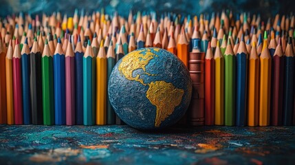 Colorful pencils surround small globe