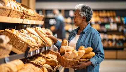Elderly Woman Buying Fresh Bread in Supermarket– Traditional Loaves, Rolls & Warm Shopping Experience