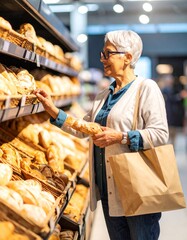 Elderly Woman Buying Fresh Bread in Supermarket– Traditional Loaves, Rolls & Warm Shopping Experience