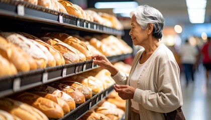 Elderly Woman Buying Fresh Bread in Supermarket– Traditional Loaves, Rolls & Warm Shopping Experience