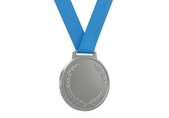 Silver Medal with Blue Ribbon Symbolizing Achievement and Victory