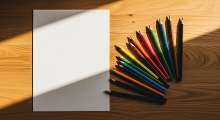 Obraz premium Blank paper, colorful pencils on a light wooden table
