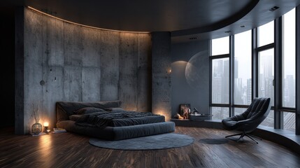 Luxurious bedroom with curved concrete wall, large window, and city view