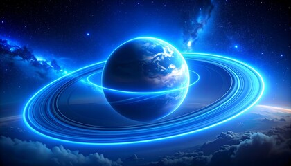 Earth with glowing rings in space