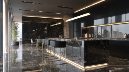 Elegant black marble kitchen with an island, barstools, and bright lighting fixtures