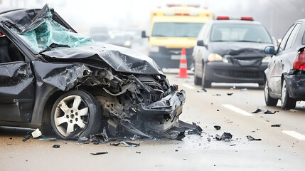 Wrecked car after an accident on the highway with ambulance arriving