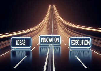 Three illuminated signs, Ideas, Innovation, and Execution, mark a converging highway representing a journey to success.