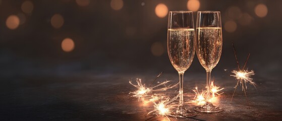 The champagne glasses sparkle amidst festive sparklers for joyful celebrations.