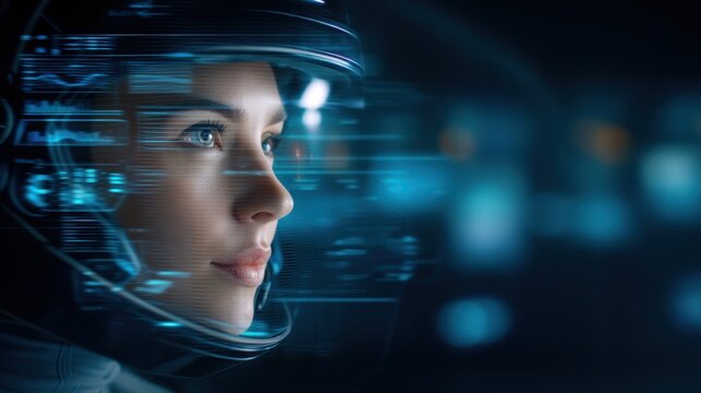 A close-up of a person wearing a futuristic helmet with digital blue light effects, suggesting advanced technology or virtual reality.