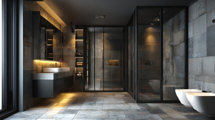 Sleek, modern bathroom with dark tiles, frameless glass shower, and minimalist design