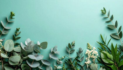 Botanical Foliage Arrangement With Seafoam To Sage Gradient Background And Organic Texture