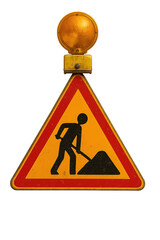 Construction and public utilities warning sign with amber light and triangular roadwork icon, clear infrastructure vulnerability signal for urban safety, maintenance visibility, and civic zone repair