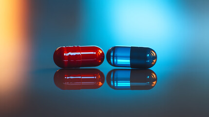 Red and blue pills lying on reflective surface representing choice