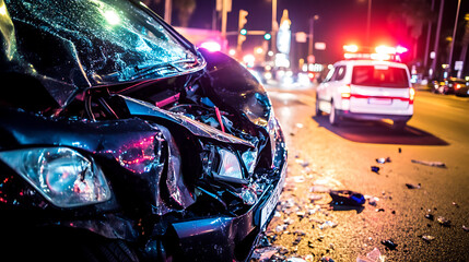 Car accident at night with police arriving at the scene