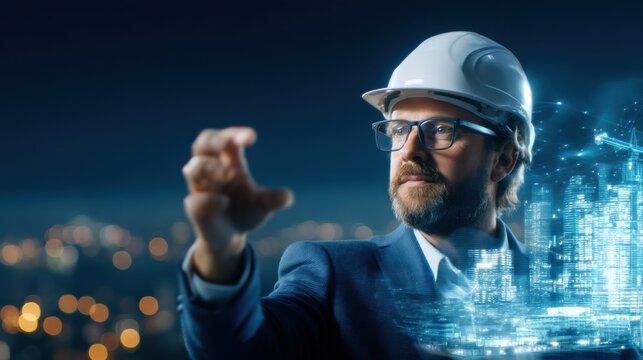 A man wearing a safety helmet and glasses interacts with a digital hologram of a futuristic cityscape at night.