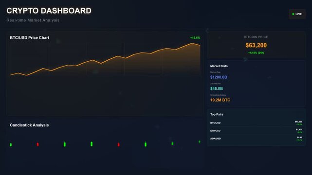 Real time cryptocurrency dashboard displaying bitcoin price charts and market data analysis