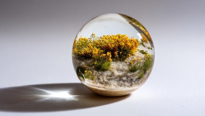 Clear resin ball, yellow flowers, and sand