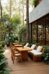 Fototapeta premium stylish modern cafe showcasing chic outdoor patio adorned with lush green plants and comfortable seating