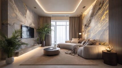 Luxurious modern living room with marble walls, large sofa, and warm lighting