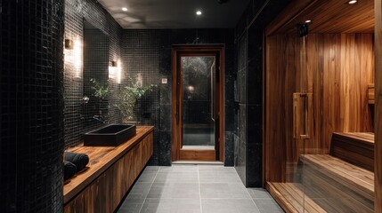 Interior of a luxurious spa area with wood and stone accents