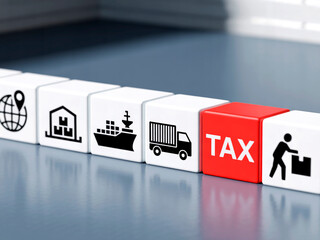 Global Taxation and Trade Logistics – Visual Icons of Import, Export, and Revenue. Businessman Using Laptop and Calculator for Government Income Reporting. TAX for Individual income tax return form.