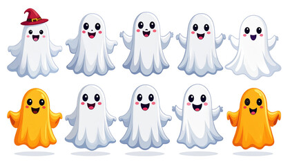 Obraz premium Cute little Halloween ghost in kawaii style. Funny smiling Samhain ghost costume. 