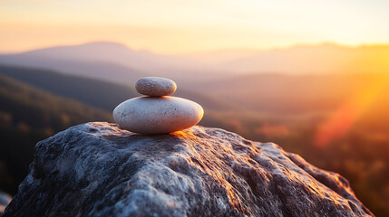 Balancing stones on rock at sunset creating peaceful atmosphere