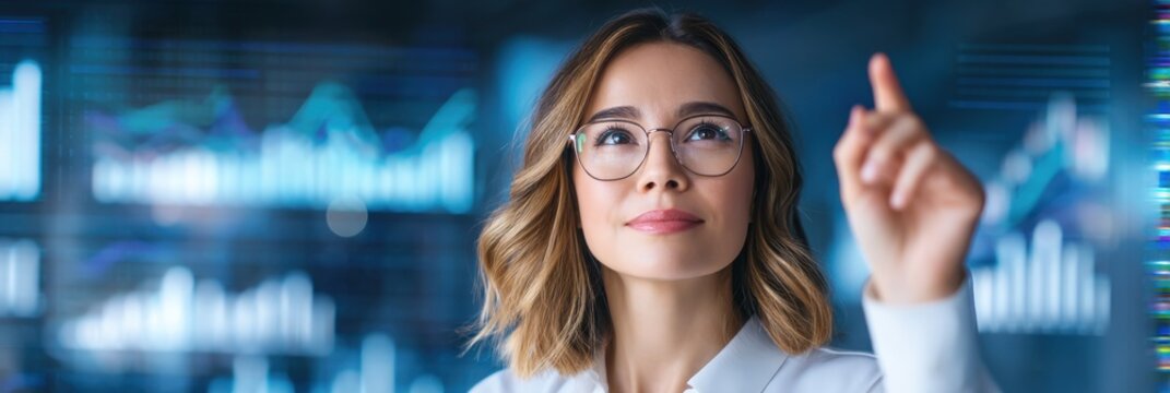 A confident woman wearing glasses interacts with transparent digital graphs and data visualizations, symbolizing data analysis and technology in a futuristic setting.
