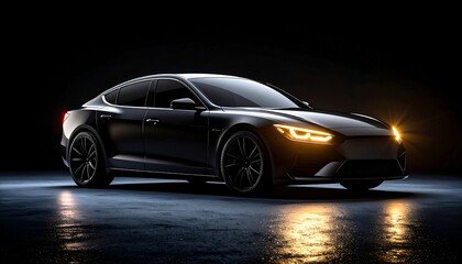 Sleek, dark sedan, angled view, dramatic lighting