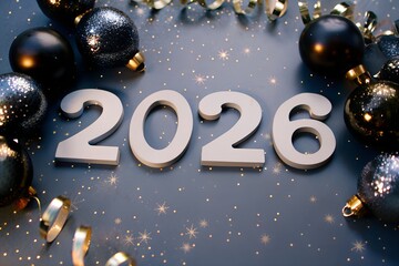 Elegant New Year 2026 Celebration Background with Golden Ornaments, Christmas Baubles, and Stars