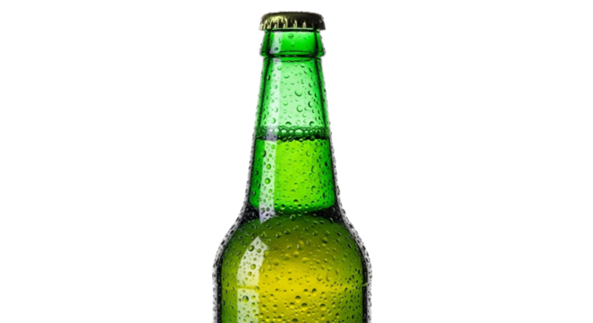 Close up of a green glass beer bottle with condensation isolated on transparent background
