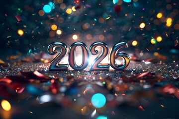 Glowing 3D 2026 Numbers with Confetti Explosion and Spotlight in Festive New Year Celebration Scene