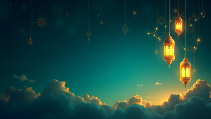 cloudy soft scene lamps hanging right side islamic background milad un nabi left space clean view