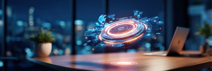 A futuristic digital hologram display floats above a wooden desk in a modern office with city lights visible through the window.