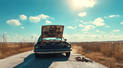 Broken car on a countryside road with open hood in a sunny day