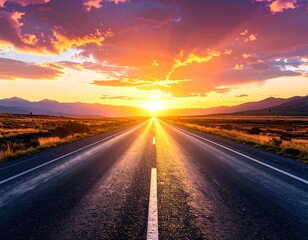 Golden hour highway journey: A long open road leading towards a vibrant horizon