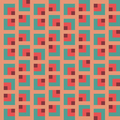 Pattern created from green; orange and brown squares on a peach background