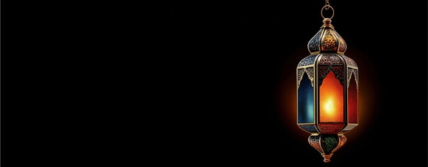 Lanterns in the Night: A captivating view of an ornamental lantern, hanging in the darkness, with its colorful light casting an atmospheric glow.