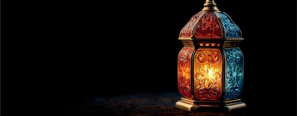 Elegant Lantern's Glow: A meticulously detailed and artistically crafted lantern illuminates with a warm, inviting light against a stark, dark backdrop.