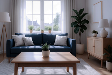 Fototapeta premium Modern Cozy Living Room with Dark Blue Sofa, Natural Light, Potted Plants, and Wooden Accents — Stylish Minimalist Interior with Scandinavian Vibe
