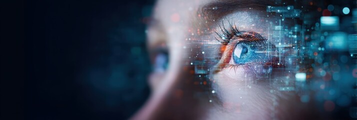 Close-up of a human eye with digital and technological elements overlaying, symbolizing AI, data, and futuristic vision.